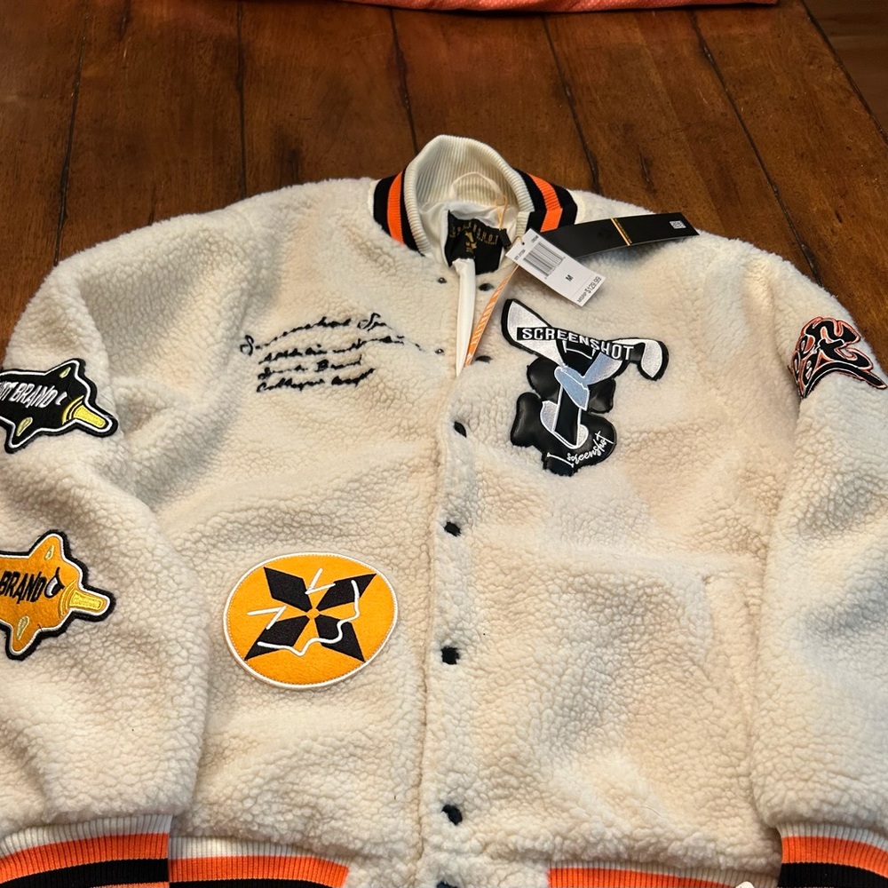 Men's Screenshot Cream Varsity Jacket with Patches